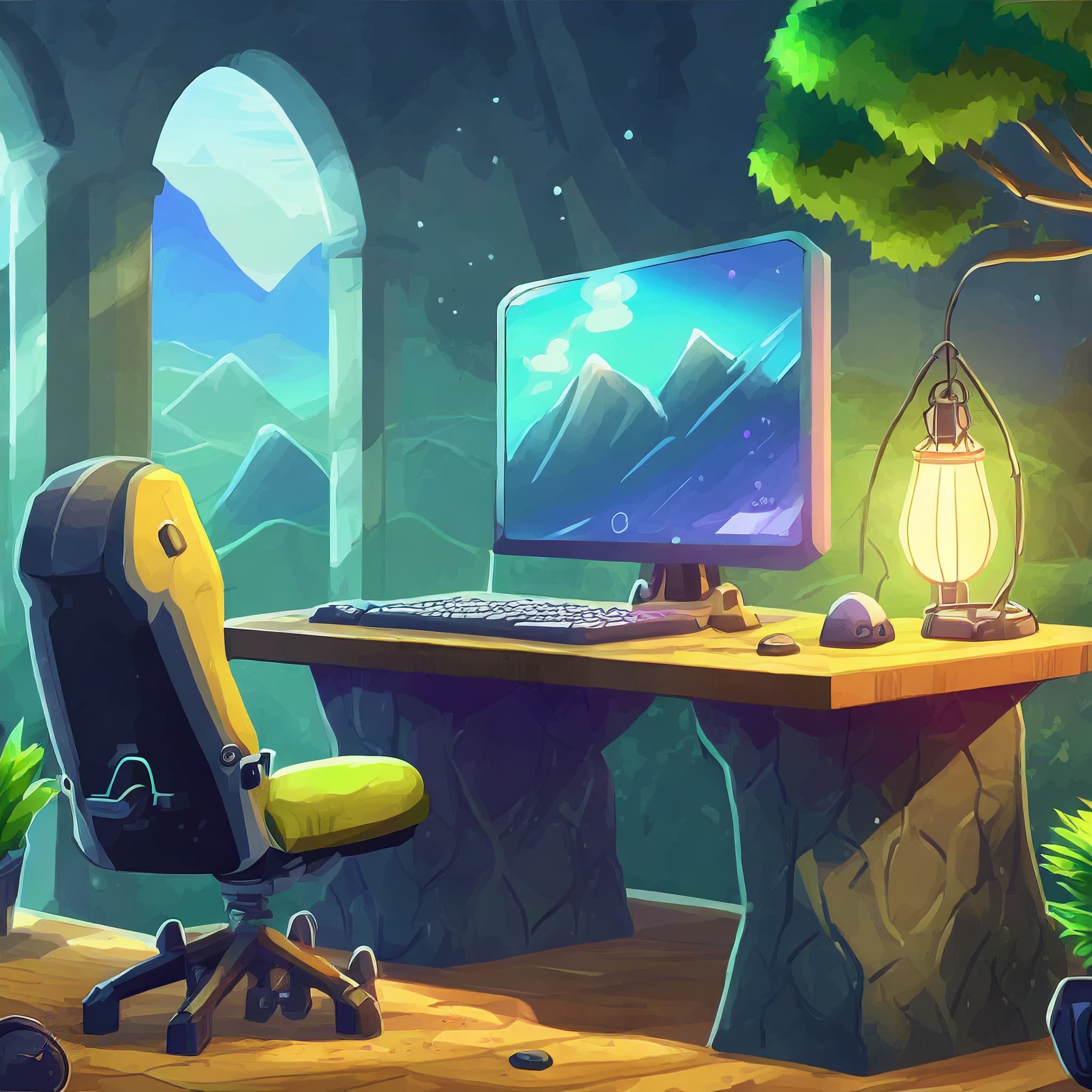 Image of PC gaming setup in art style